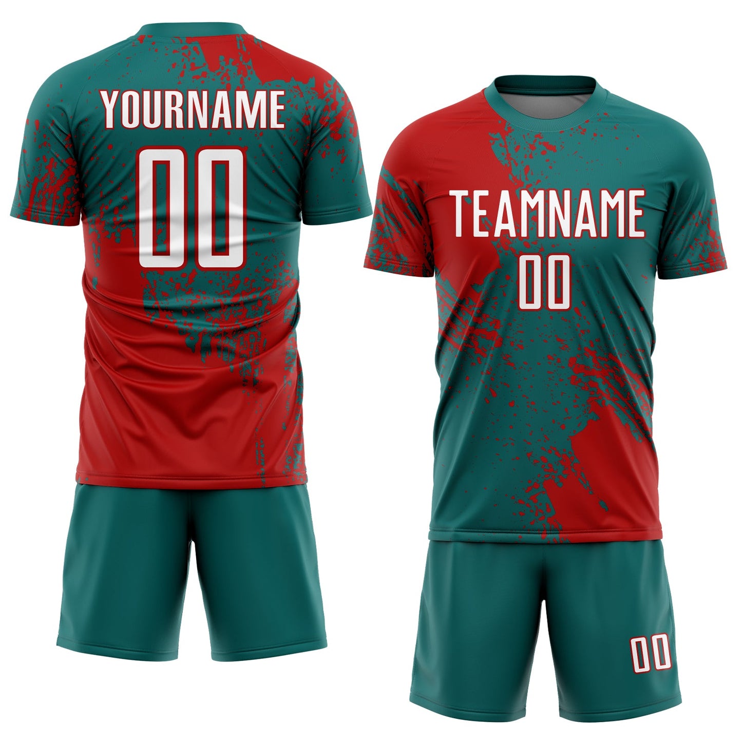 Custom Teal White-Red Abstract Brush Stroke Sports Sublimation Soccer Uniform Jersey view 2