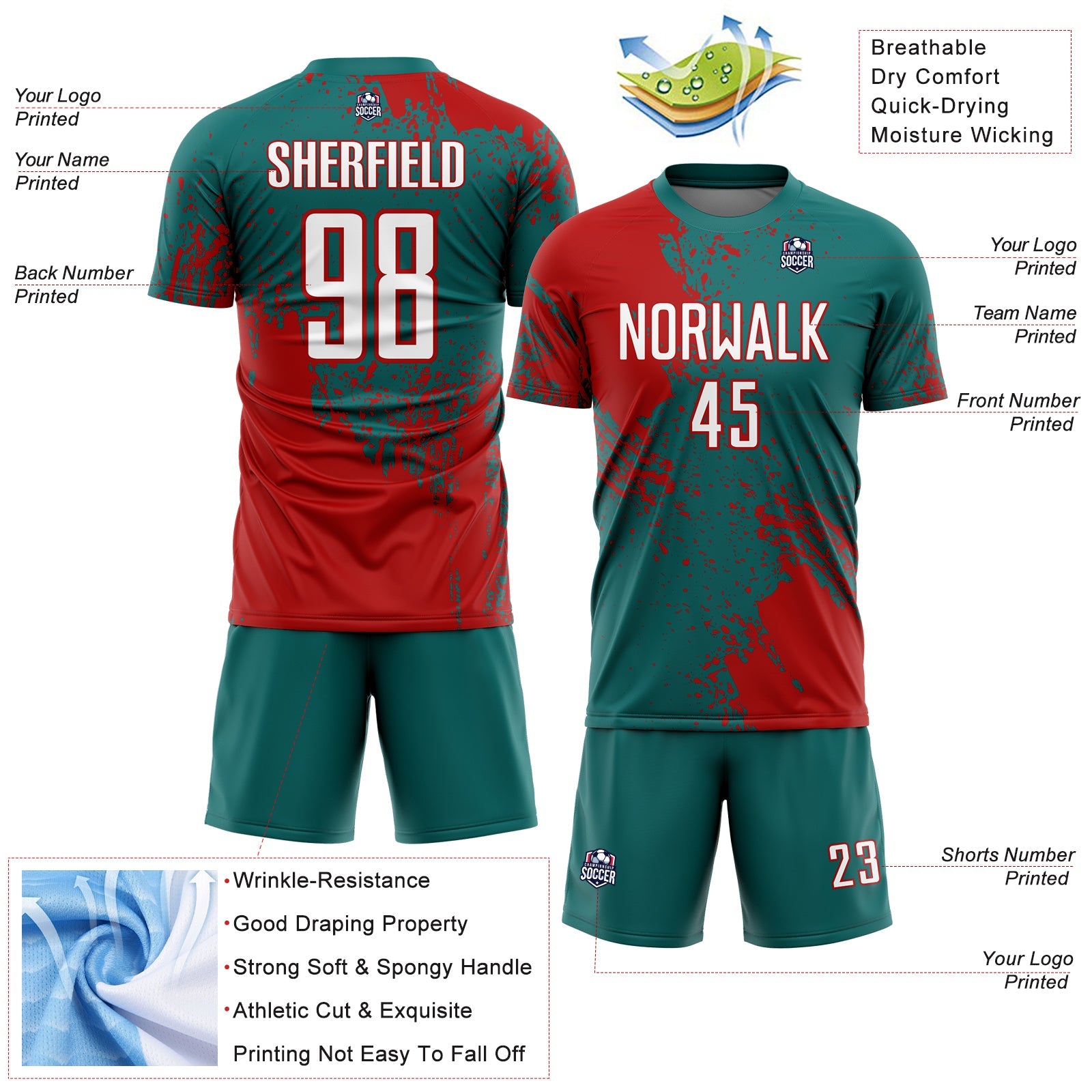 Custom Teal White-Red Abstract Brush Stroke Sports Sublimation Soccer Uniform Jersey view 4