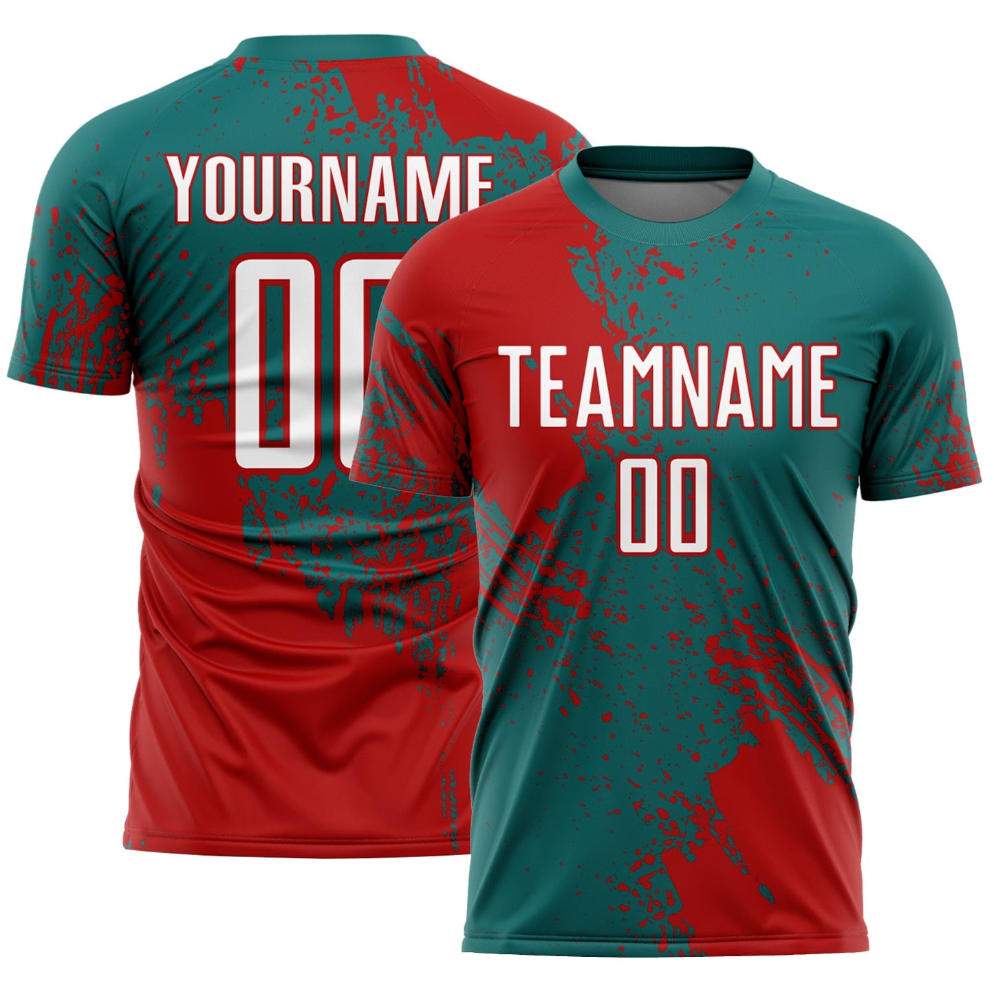 Custom Teal White-Red Abstract Brush Stroke Sports Sublimation Soccer Uniform Jersey - Main View