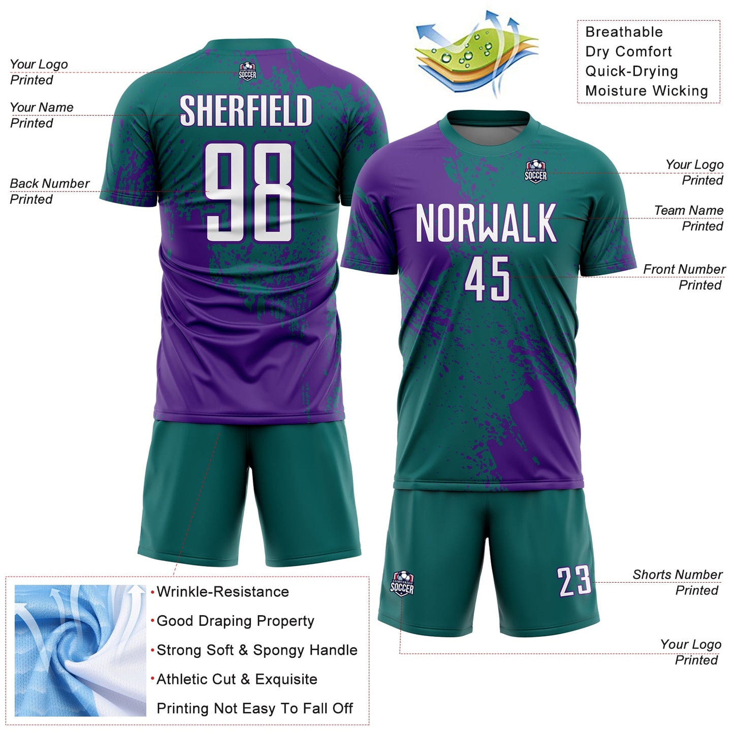 Custom Teal White-Purple Abstract Brush Stroke Sports Sublimation Soccer Uniform Jersey view 4