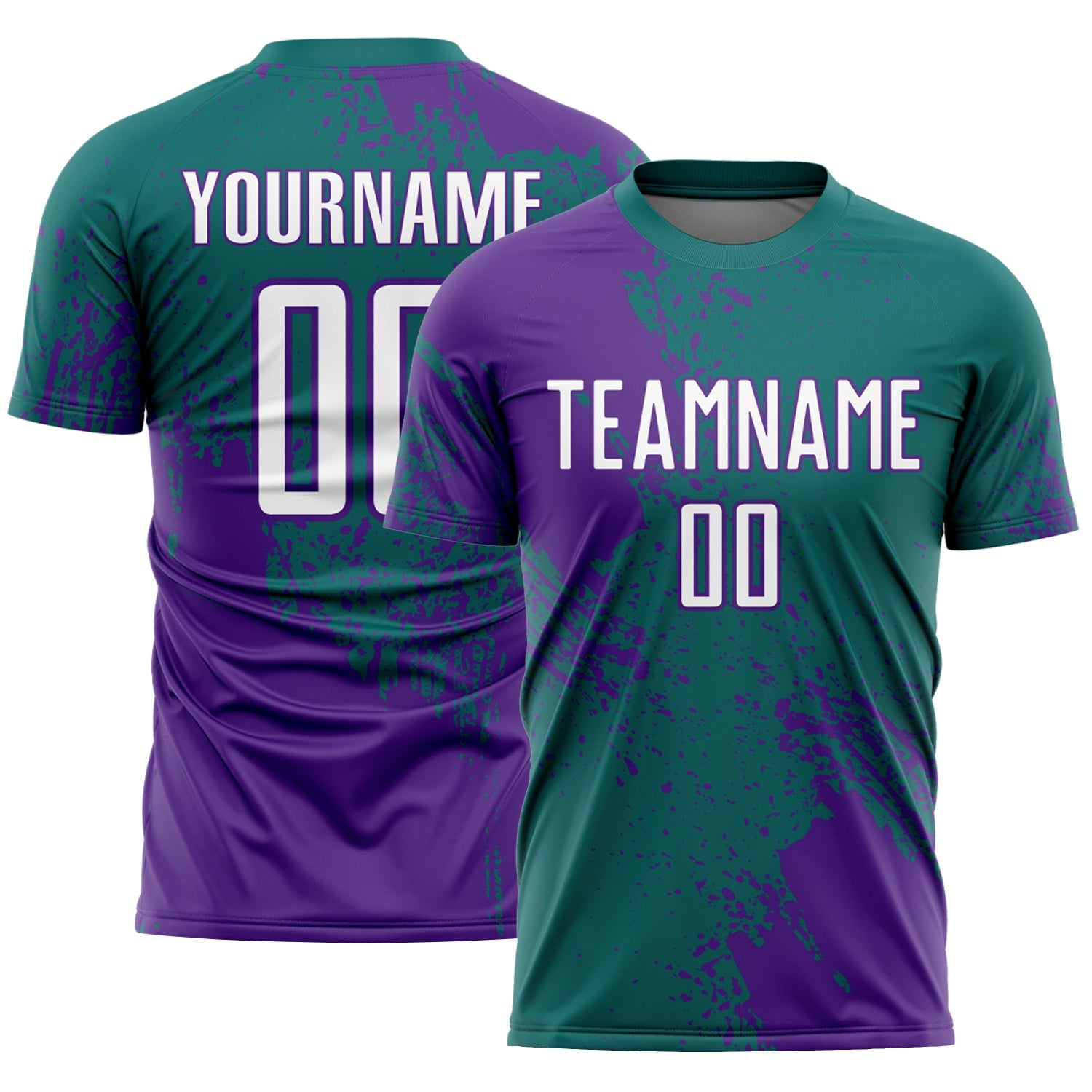 Custom Teal White-Purple Abstract Brush Stroke Sports Sublimation Soccer Uniform Jersey - Main View