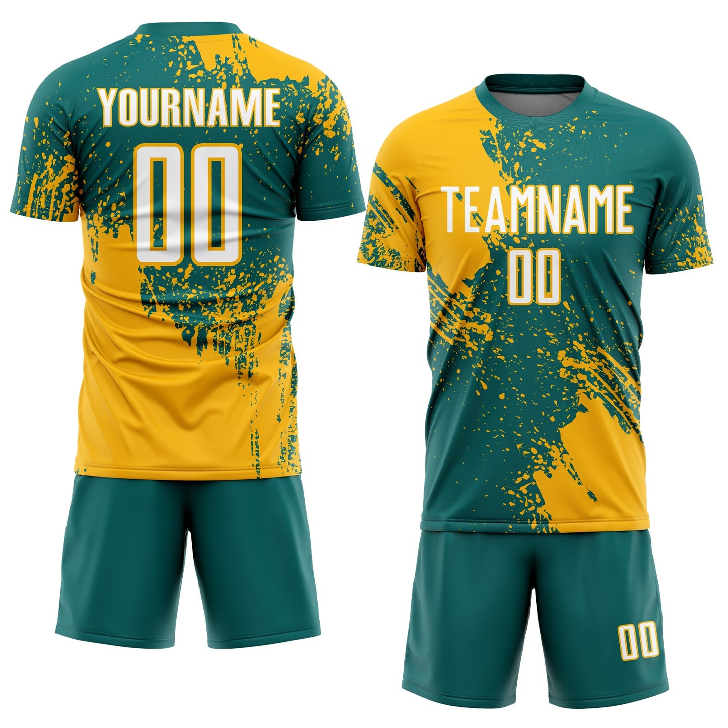 Custom Teal White-Gold Abstract Brush Stroke Sports Sublimation Soccer Uniform Jersey view 2