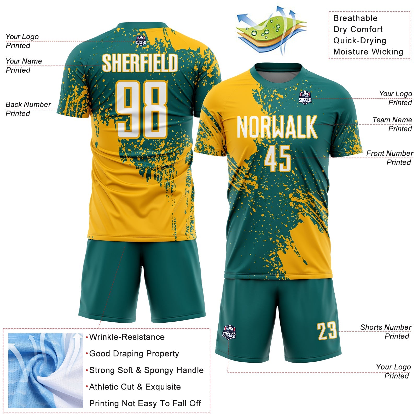 Custom Teal White-Gold Abstract Brush Stroke Sports Sublimation Soccer Uniform Jersey view 4