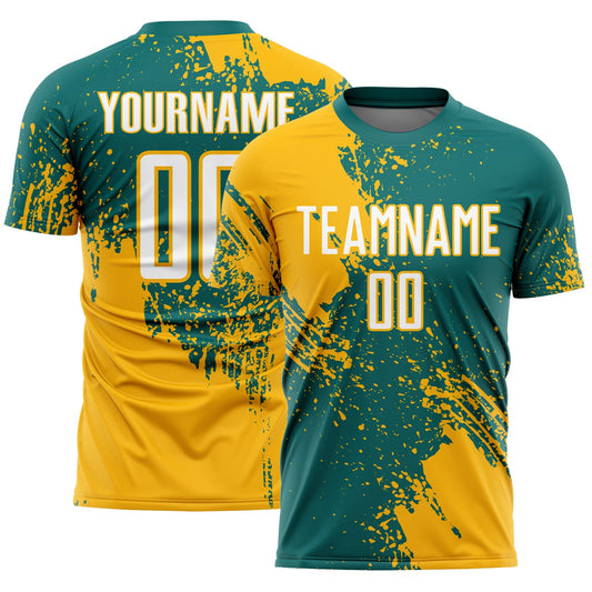 Custom Teal White-Gold Abstract Brush Stroke Sports Sublimation Soccer Uniform Jersey - Main View