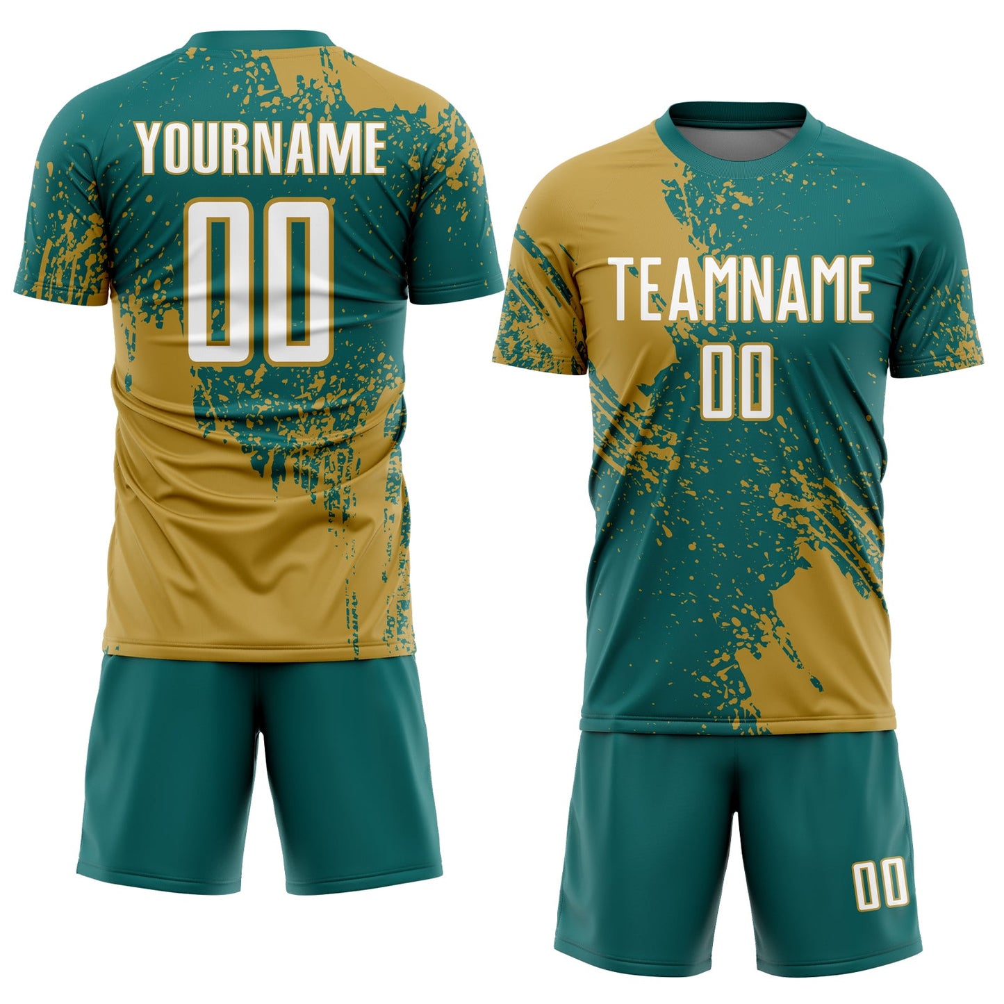 Custom Teal White-Old Gold Abstract Brush Stroke Sports Sublimation Soccer Uniform Jersey view 2