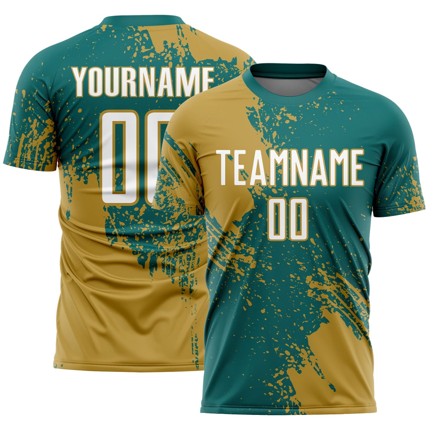 Custom Teal White-Old Gold Abstract Brush Stroke Sports Sublimation Soccer Uniform Jersey - Main View