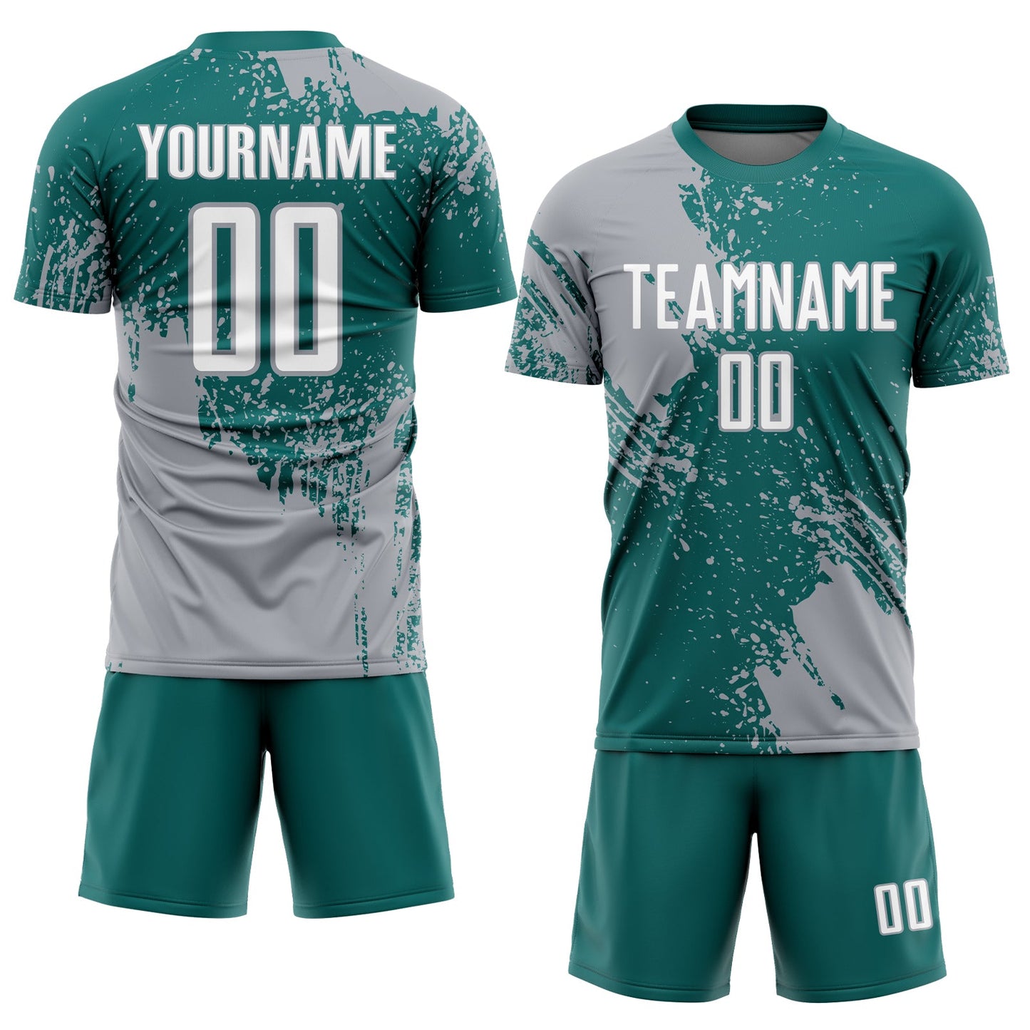 Custom Teal White-Gray Abstract Brush Stroke Sports Sublimation Soccer Uniform Jersey view 2