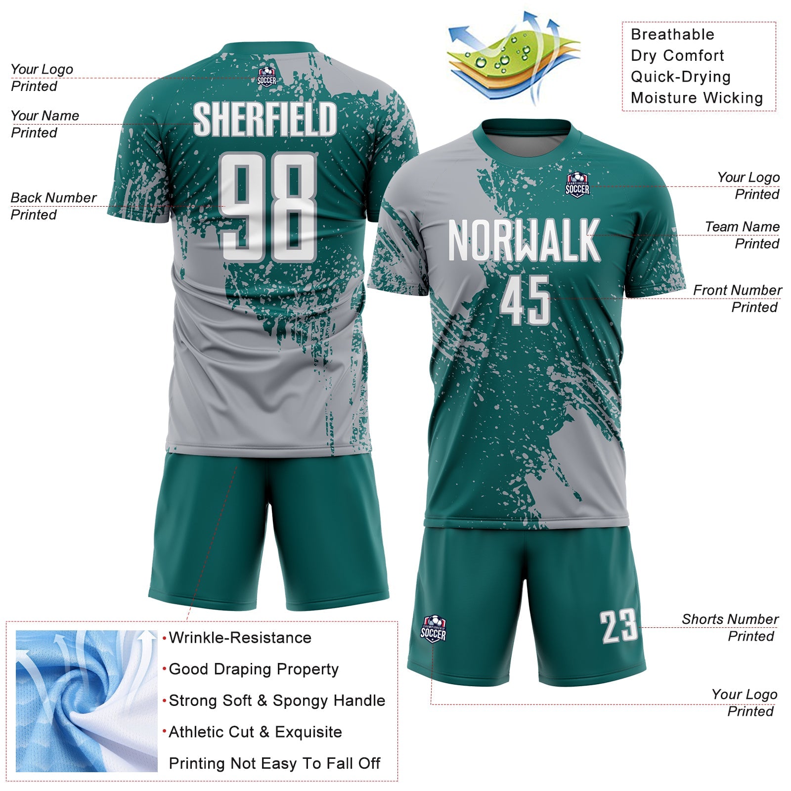 Custom Teal White-Gray Abstract Brush Stroke Sports Sublimation Soccer Uniform Jersey view 4