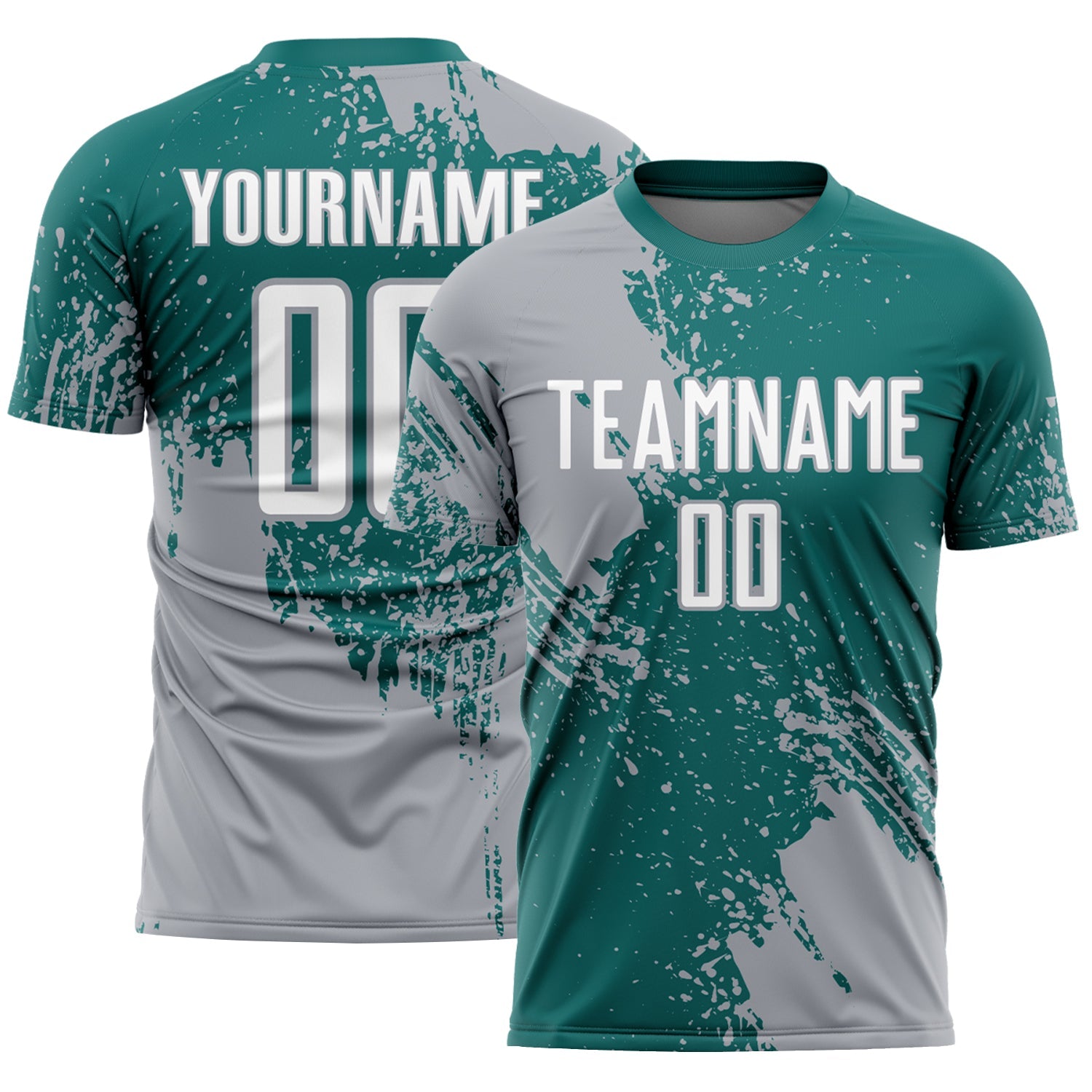 Custom Teal White-Gray Abstract Brush Stroke Sports Sublimation Soccer Uniform Jersey - Main View