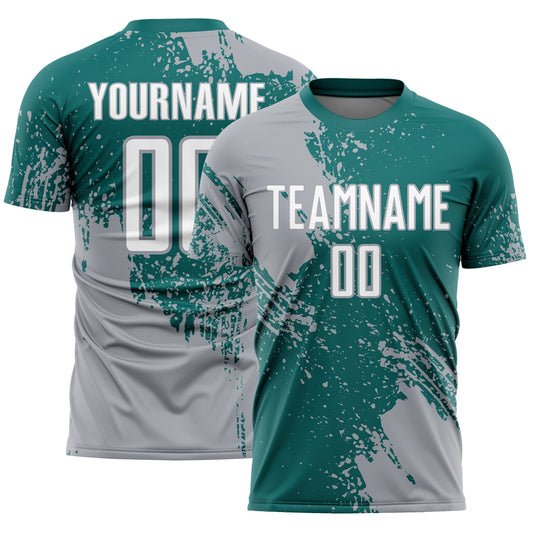 Custom Teal White-Gray Abstract Brush Stroke Sports Sublimation Soccer Uniform Jersey - Main View