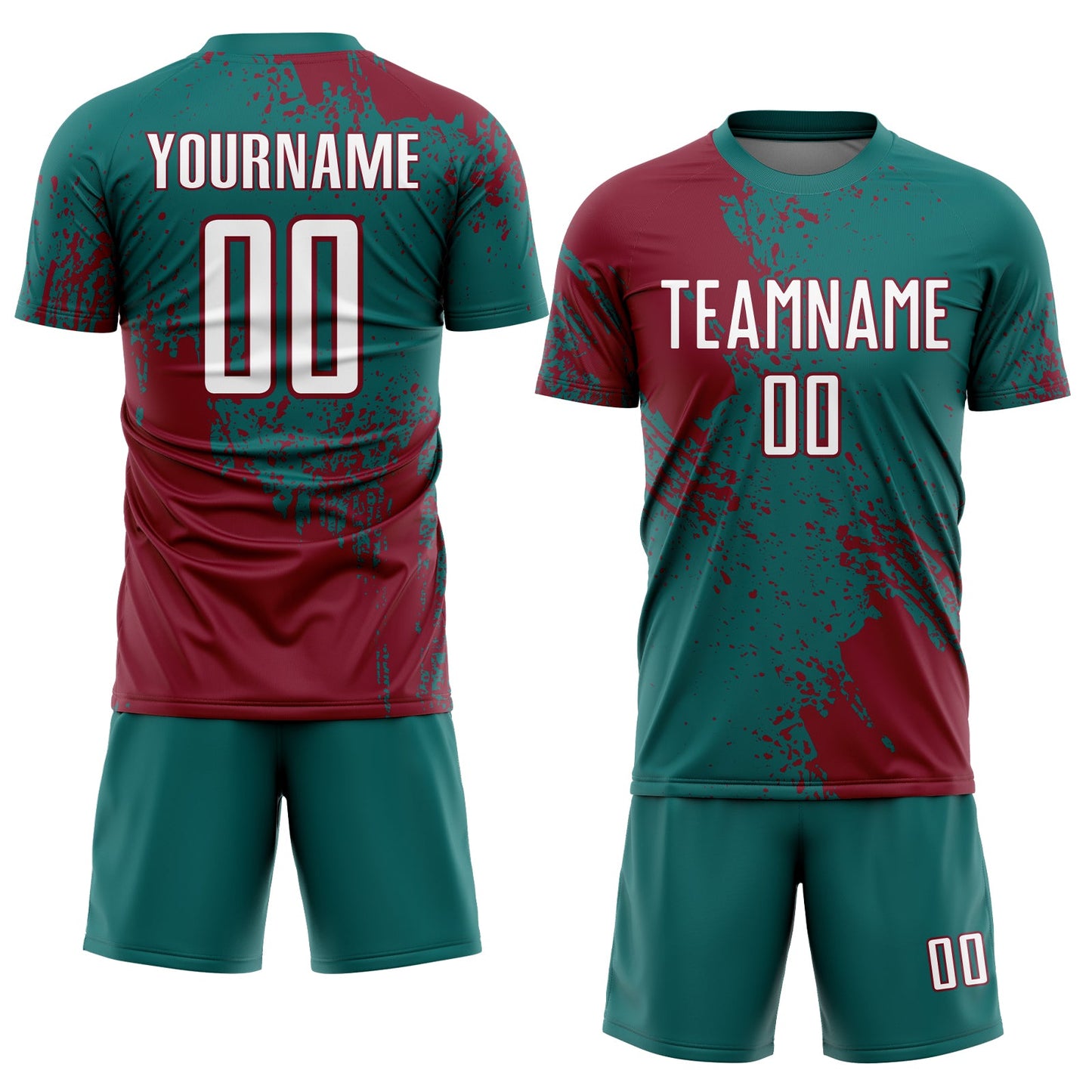 Custom Teal White-Crimson Abstract Brush Stroke Sports Sublimation Soccer Uniform Jersey view 2