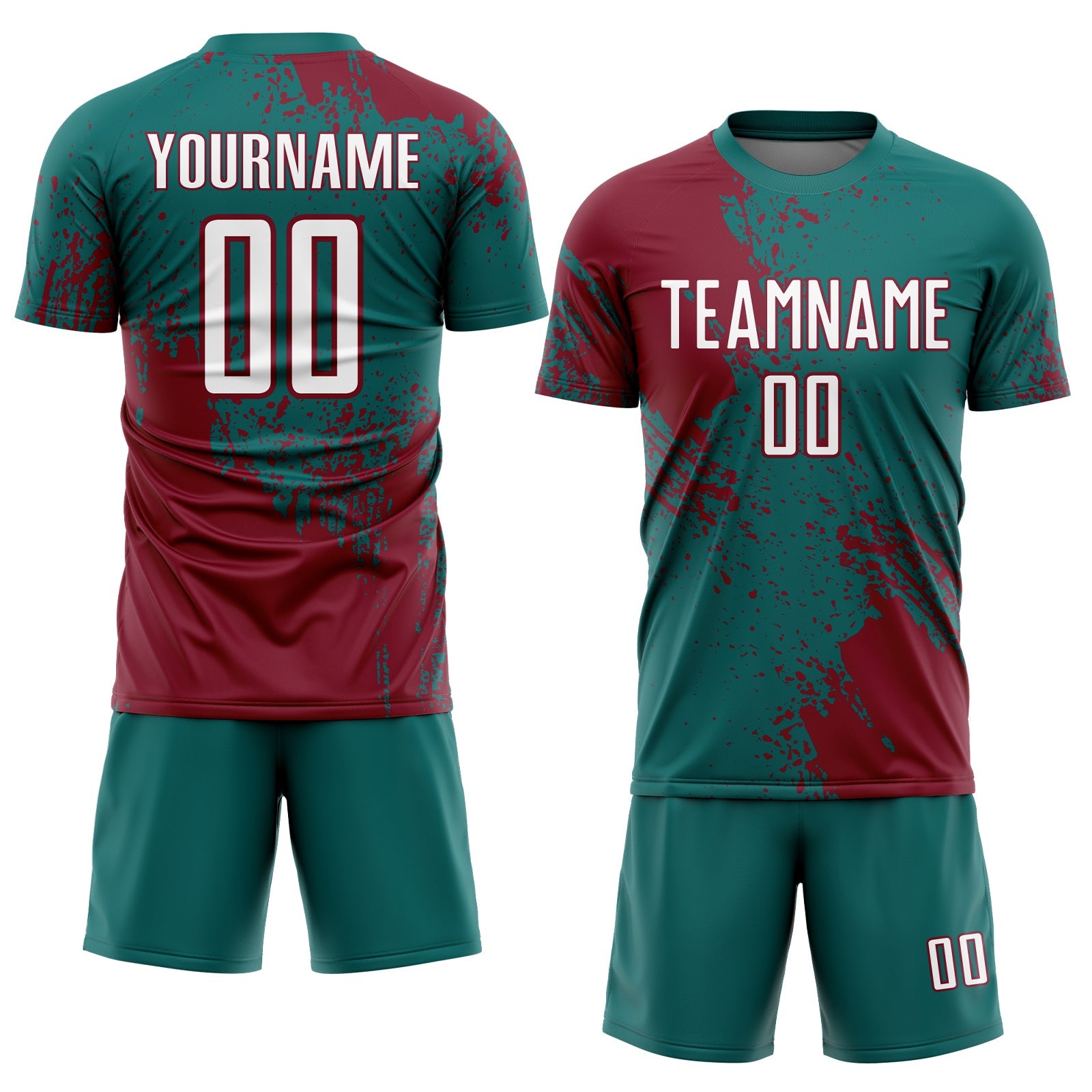 Custom Teal White-Crimson Abstract Brush Stroke Sports Sublimation Soccer Uniform Jersey view 2