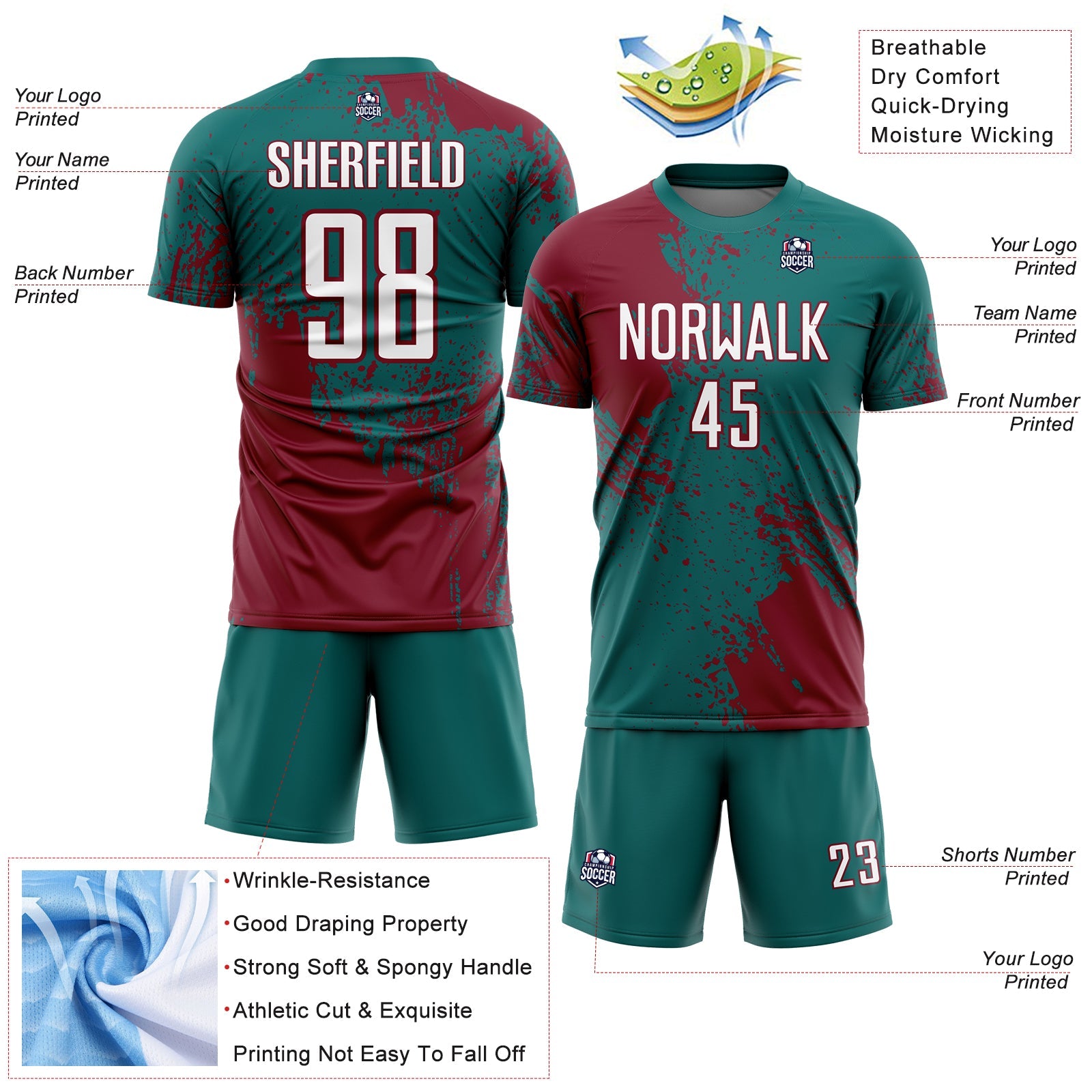 Custom Teal White-Crimson Abstract Brush Stroke Sports Sublimation Soccer Uniform Jersey view 4