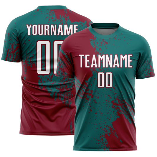 Custom Teal White-Crimson Abstract Brush Stroke Sports Sublimation Soccer Uniform Jersey - Main View
