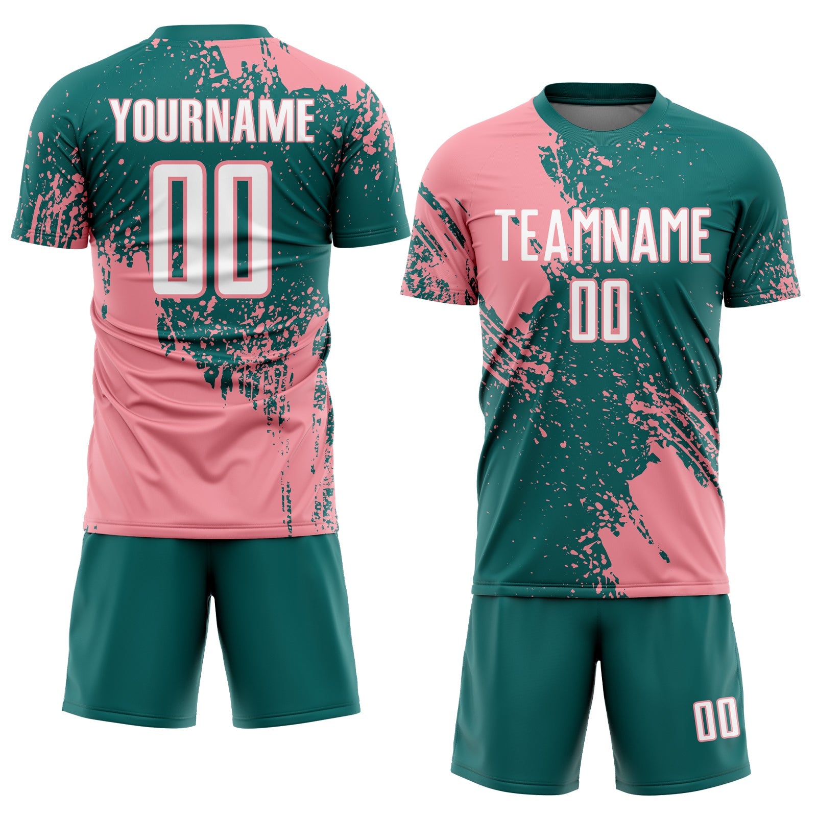 Custom Teal White-Medium Pink Abstract Brush Stroke Sports Sublimation Soccer Uniform Jersey view 2