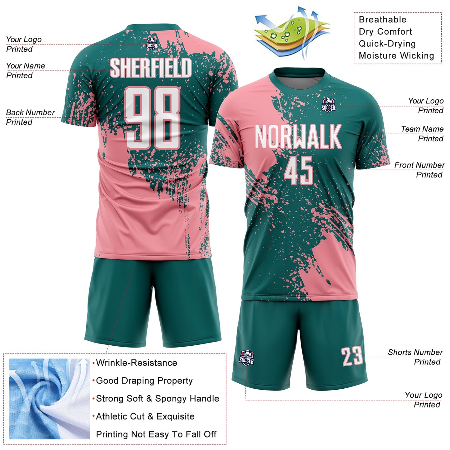 Custom Teal White-Medium Pink Abstract Brush Stroke Sports Sublimation Soccer Uniform Jersey view 4
