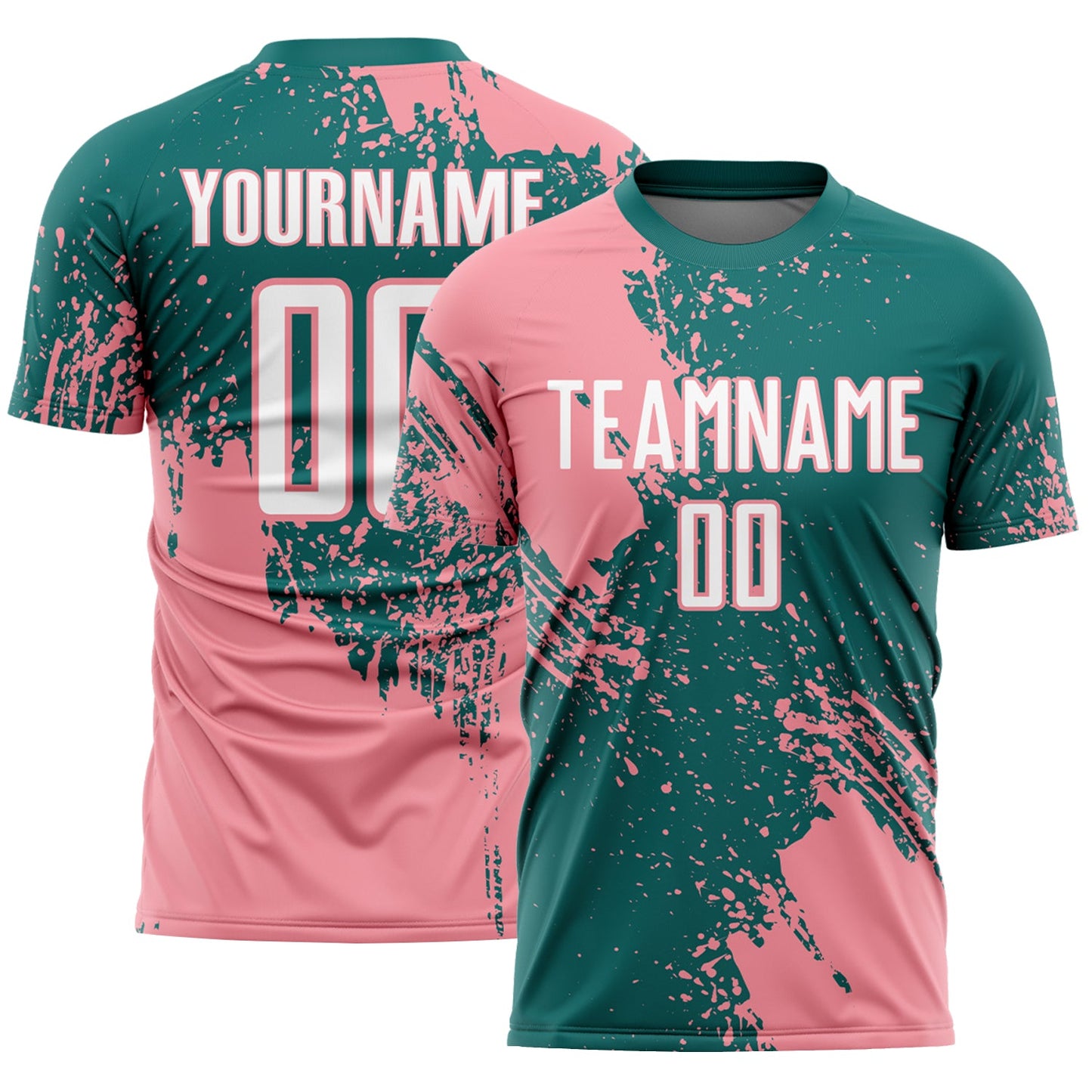 Custom Teal White-Medium Pink Abstract Brush Stroke Sports Sublimation Soccer Uniform Jersey - Main View