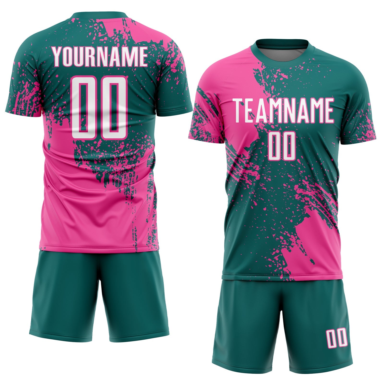 Custom Teal White-Pink Abstract Brush Stroke Sports Sublimation Soccer Uniform Jersey view 2
