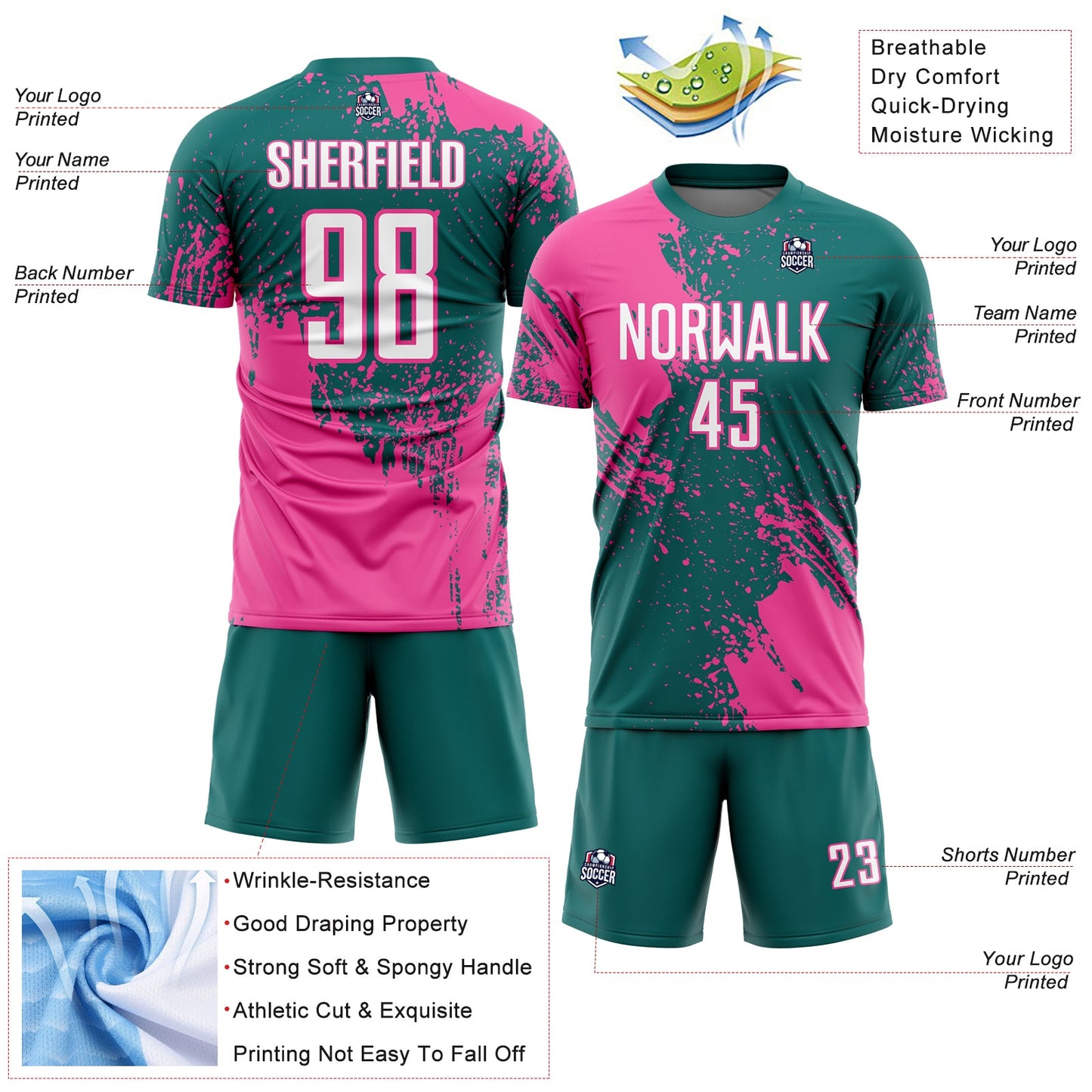 Custom Teal White-Pink Abstract Brush Stroke Sports Sublimation Soccer Uniform Jersey view 4