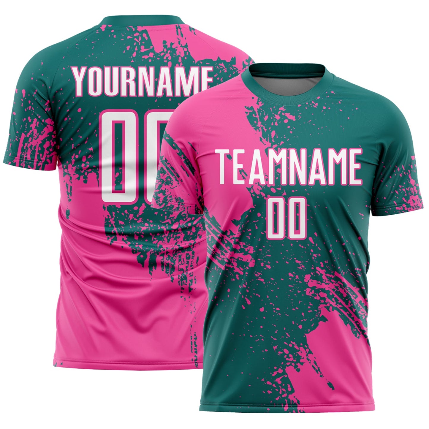 Custom Teal White-Pink Abstract Brush Stroke Sports Sublimation Soccer Uniform Jersey - Main View