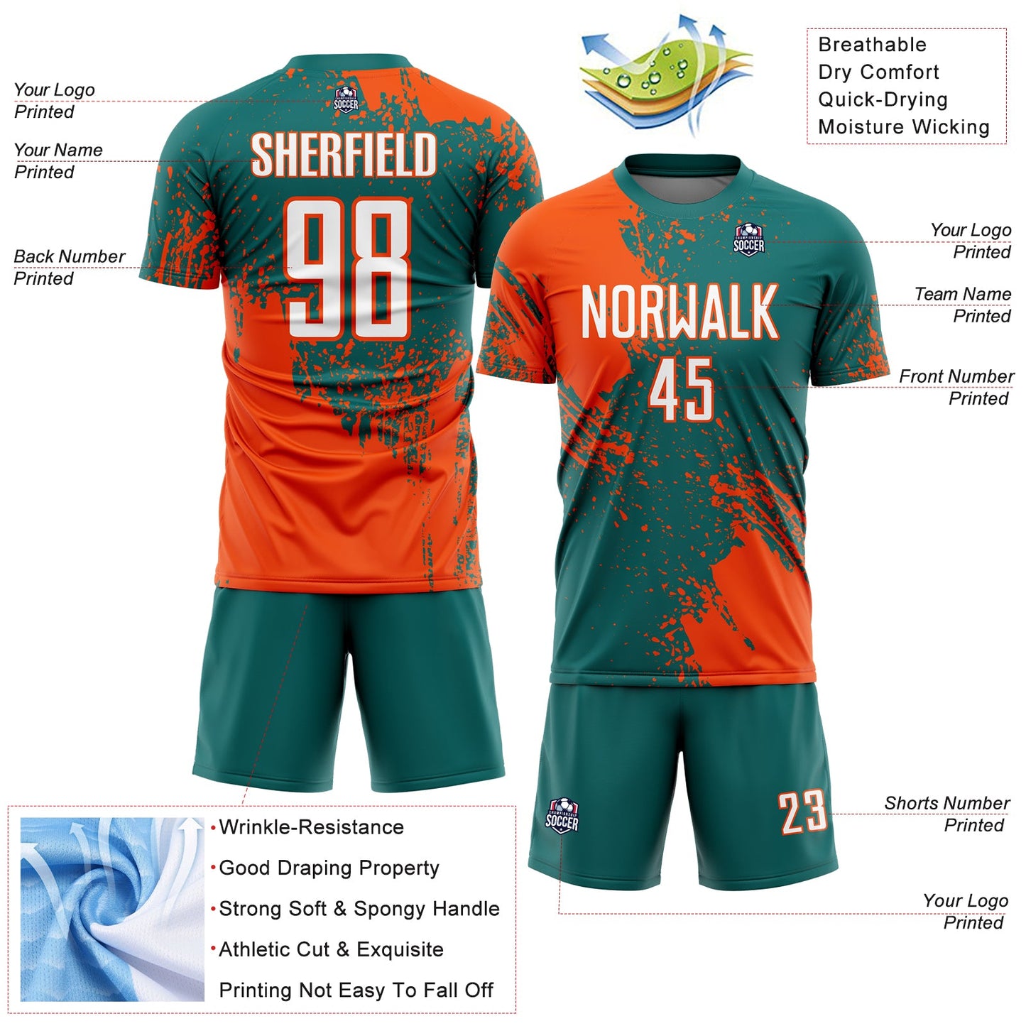 Custom Teal White-Orange Abstract Brush Stroke Sports Sublimation Soccer Uniform Jersey view 4