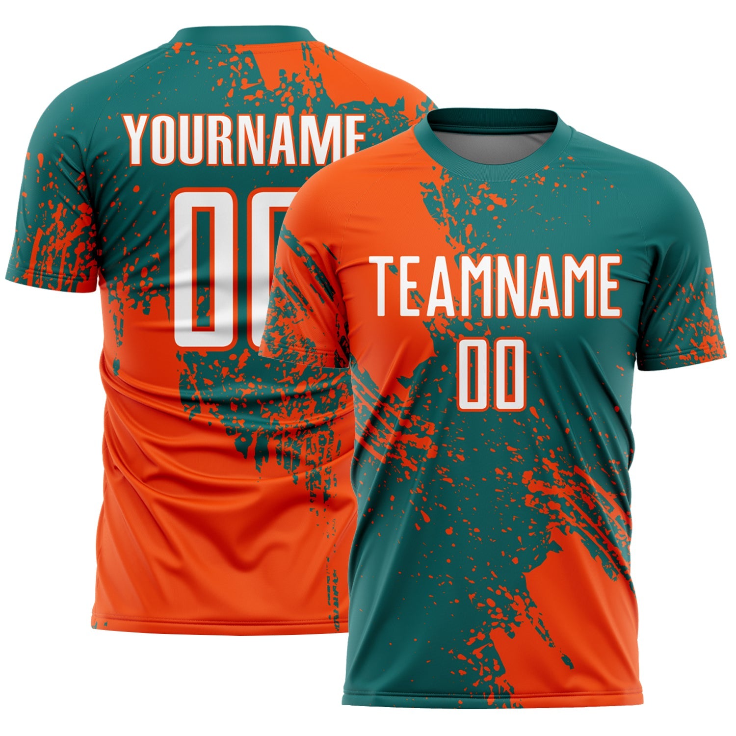 Custom Teal White-Orange Abstract Brush Stroke Sports Sublimation Soccer Uniform Jersey - Main View
