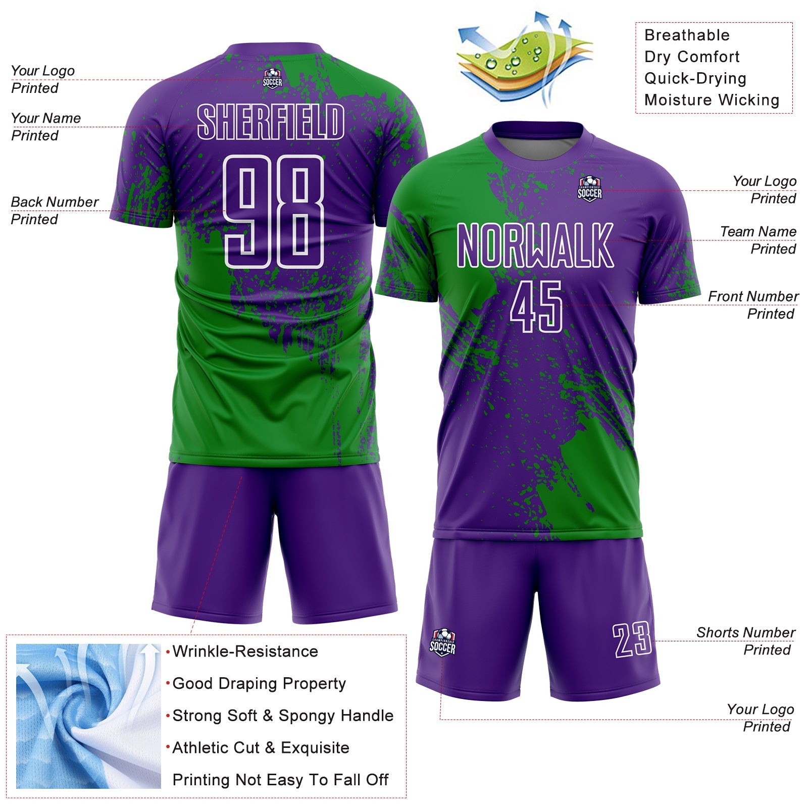 Custom Purple Grass Green-White Abstract Brush Stroke Sports Sublimation Soccer Uniform Jersey view 4