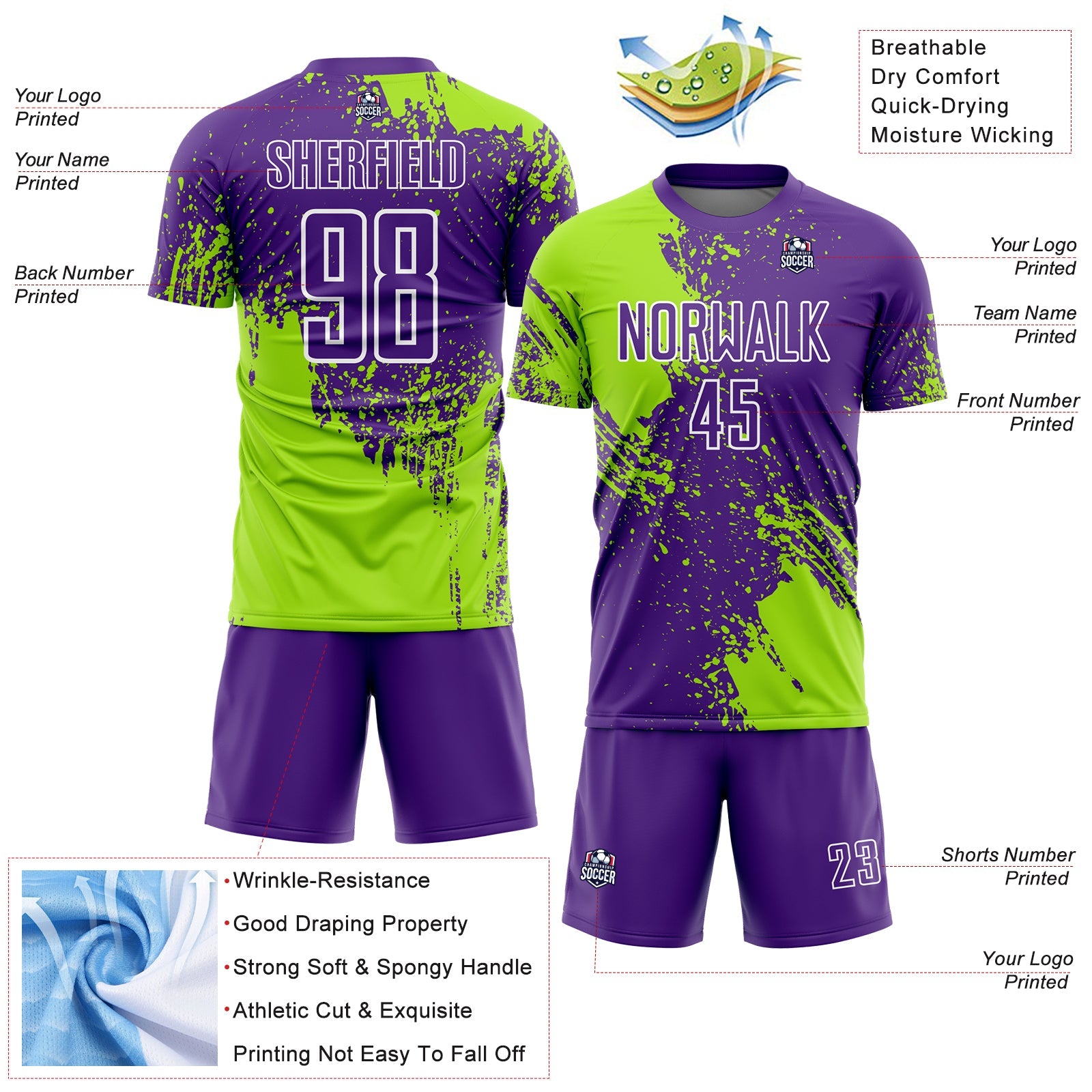 Custom Purple Neon Green-White Abstract Brush Stroke Sports Sublimation Soccer Uniform Jersey view 4