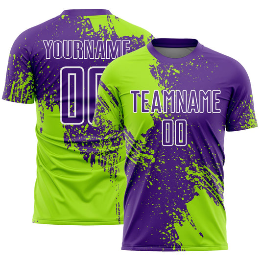 Custom Purple Neon Green-White Abstract Brush Stroke Sports Sublimation Soccer Uniform Jersey - Main View