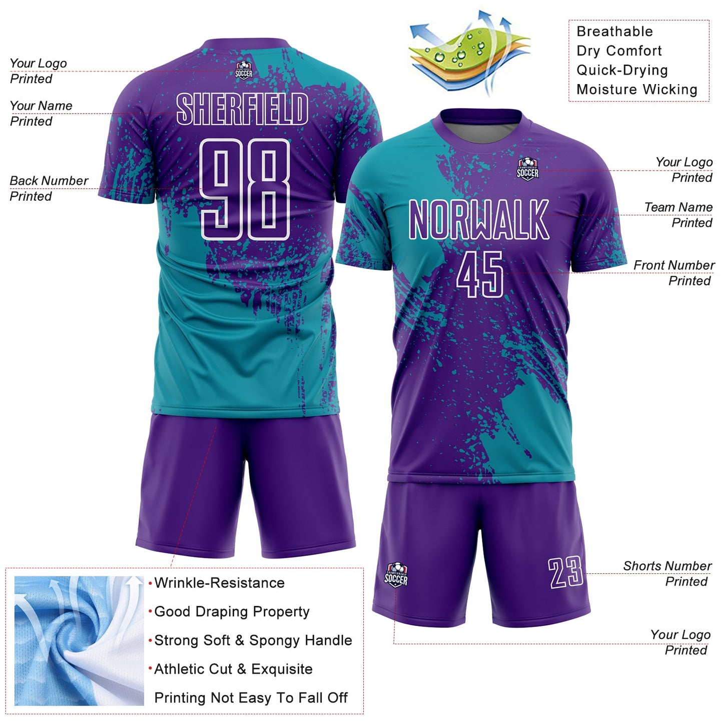 Custom Purple Teal-White Abstract Brush Stroke Sports Sublimation Soccer Uniform Jersey view 4
