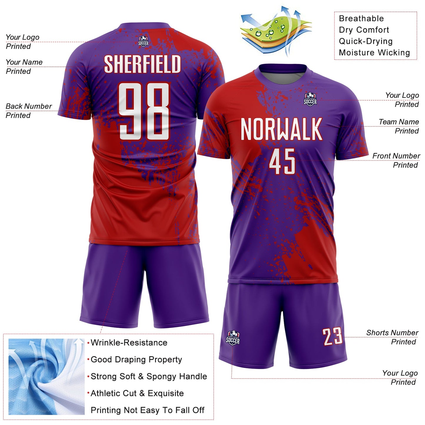 Custom Purple White-Red Abstract Brush Stroke Sports Sublimation Soccer Uniform Jersey view 4