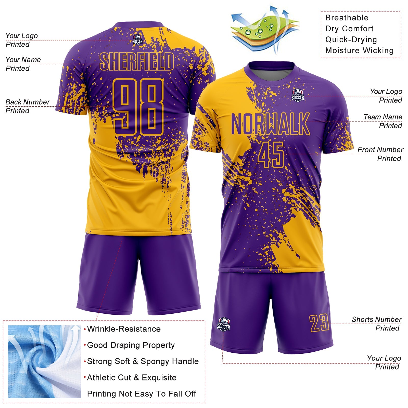 Custom Purple Gold Abstract Brush Stroke Sports Sublimation Soccer Uniform Jersey view 4