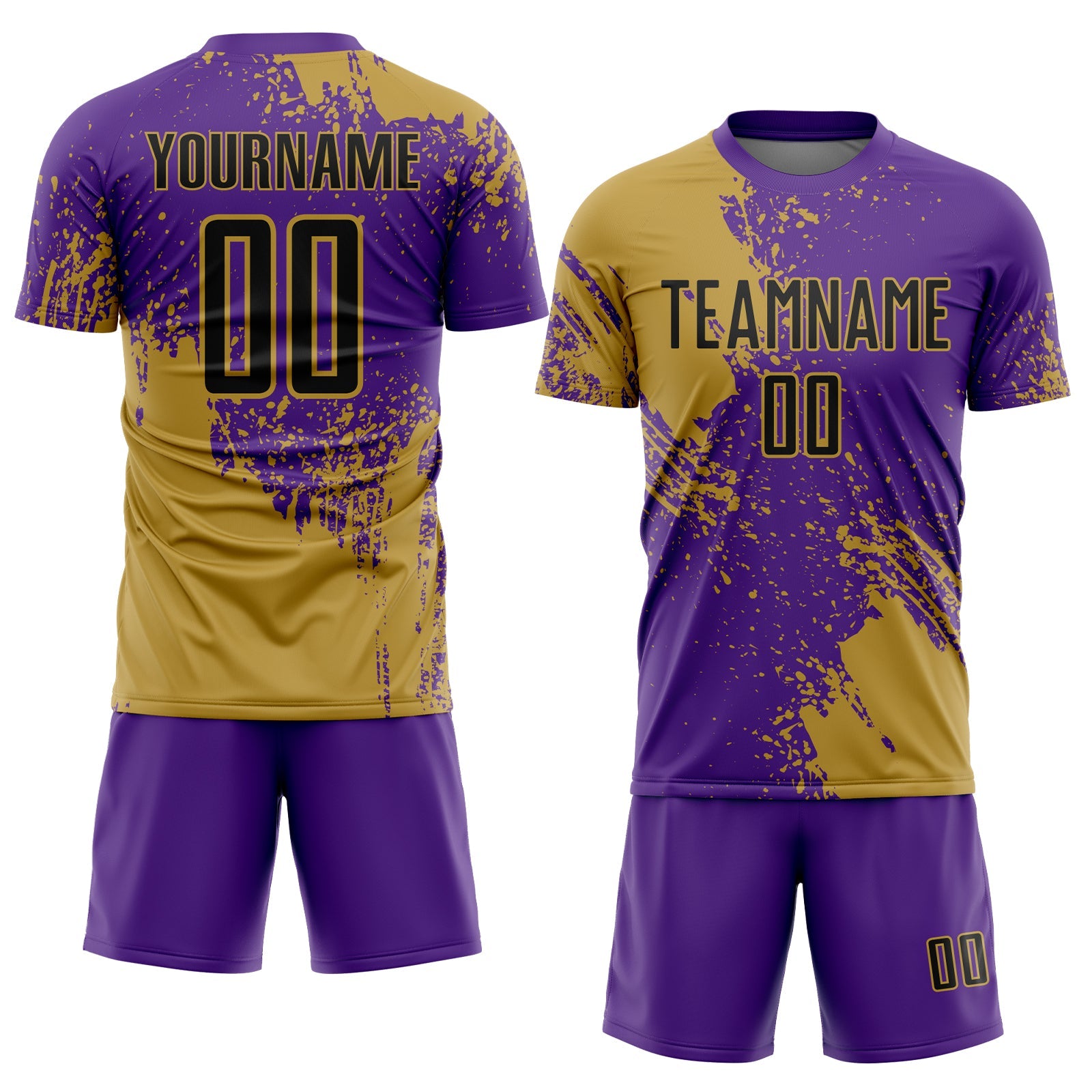 Custom Purple Black-Old Gold Abstract Brush Stroke Sports Sublimation Soccer Uniform Jersey view 2