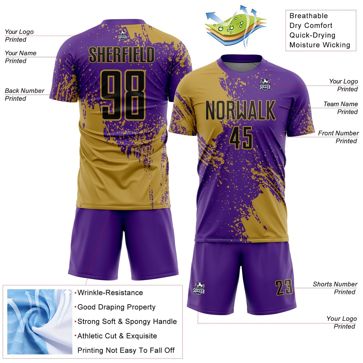 Custom Purple Black-Old Gold Abstract Brush Stroke Sports Sublimation Soccer Uniform Jersey view 4