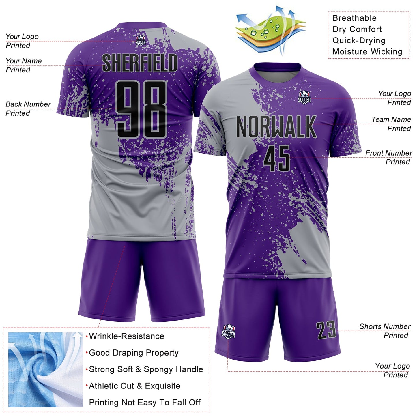 Custom Purple Black-Gray Abstract Brush Stroke Sports Sublimation Soccer Uniform Jersey view 4