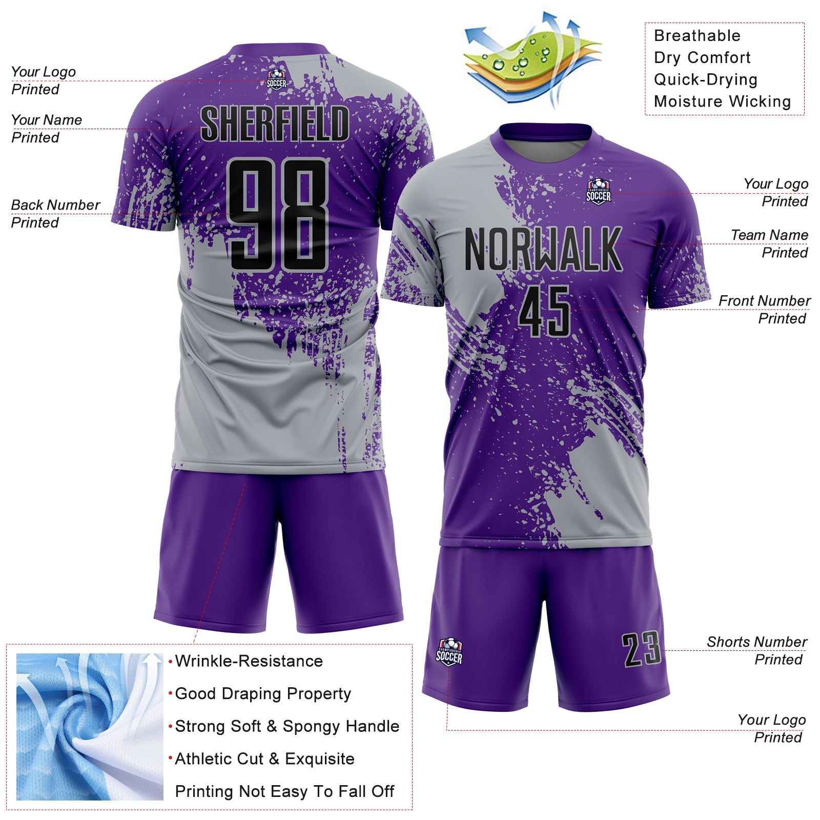 Custom Purple Black-Gray Abstract Brush Stroke Sports Sublimation Soccer Uniform Jersey view 4