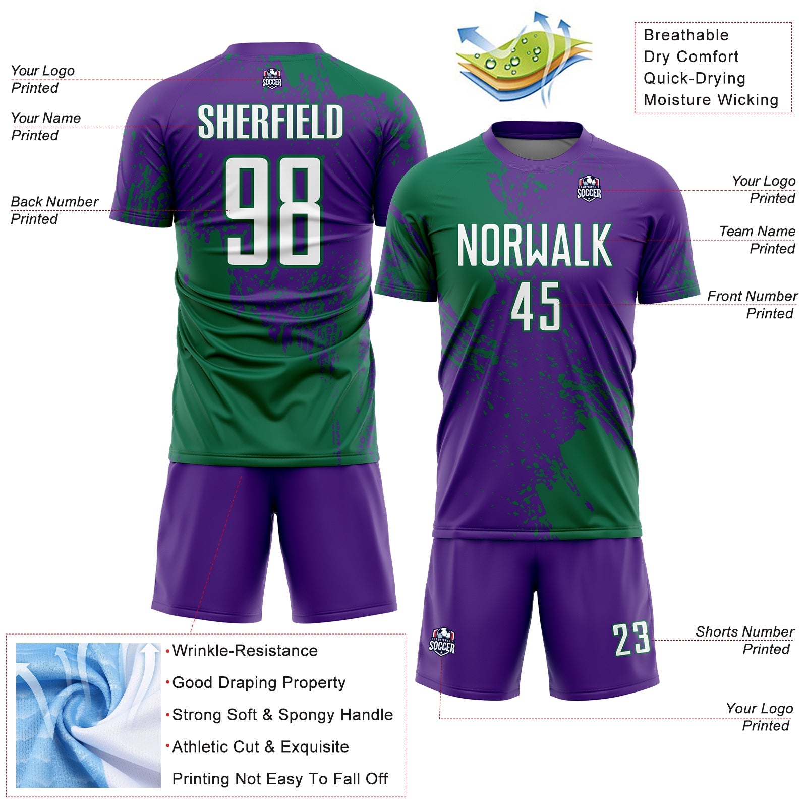 Custom Purple White-Kelly Green Abstract Brush Stroke Sports Sublimation Soccer Uniform Jersey view 4