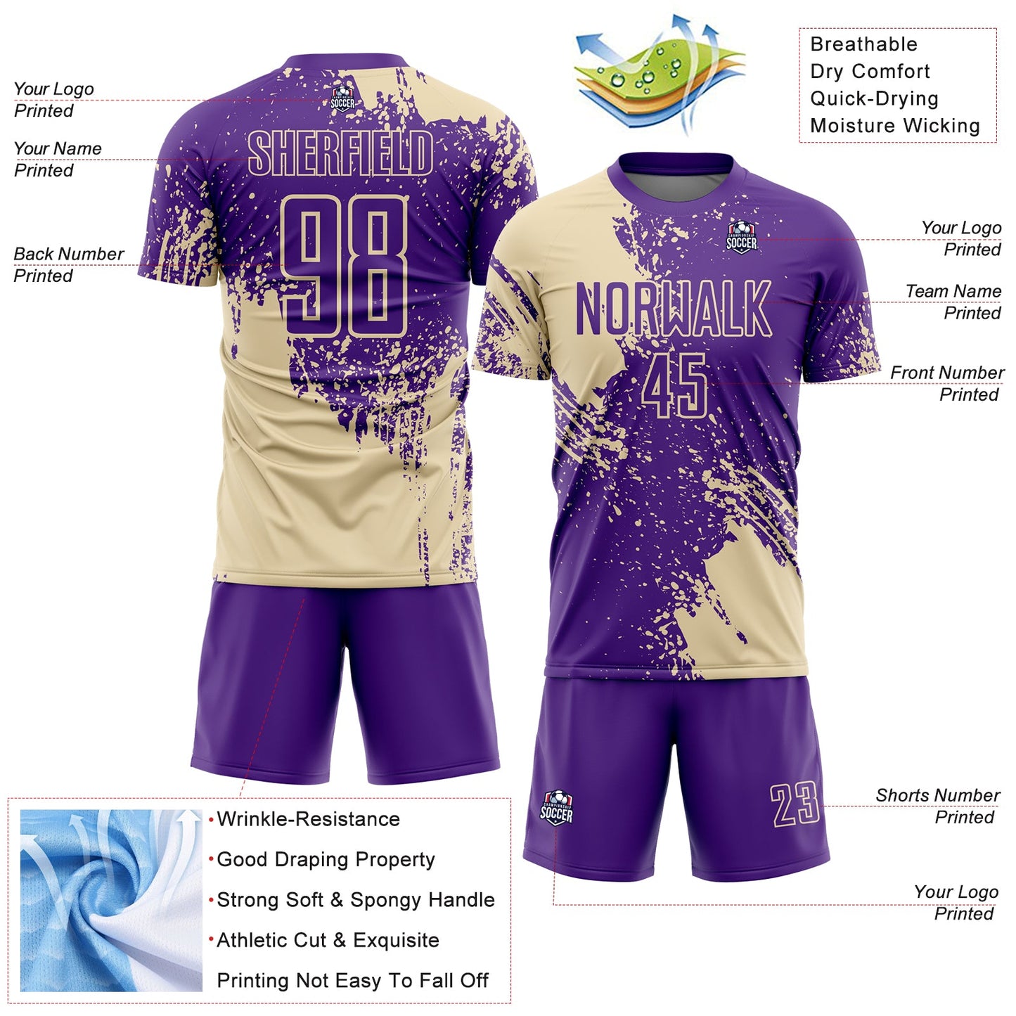 Custom Purple Cream Abstract Brush Stroke Sports Sublimation Soccer Uniform Jersey view 4