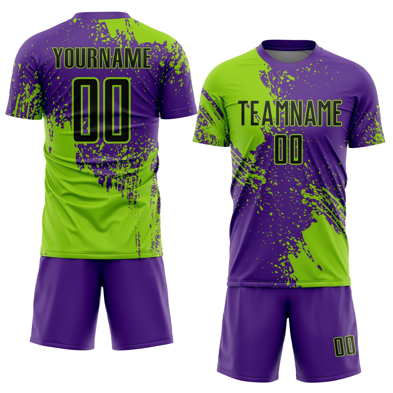 Custom Purple Black-Neon Green Abstract Brush Stroke Sports Sublimation Soccer Uniform Jersey view 2