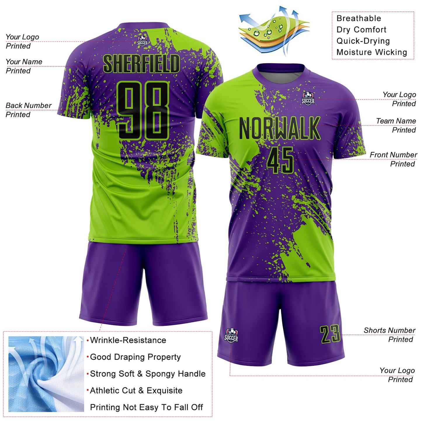 Custom Purple Black-Neon Green Abstract Brush Stroke Sports Sublimation Soccer Uniform Jersey view 4