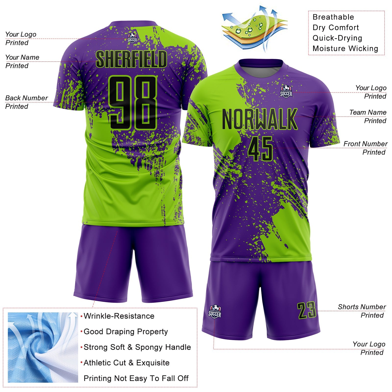Custom Purple Black-Neon Green Abstract Brush Stroke Sports Sublimation Soccer Uniform Jersey view 4