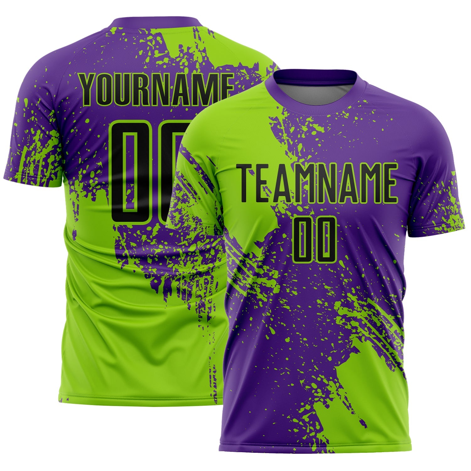 Custom Purple Black-Neon Green Abstract Brush Stroke Sports Sublimation Soccer Uniform Jersey - Main View
