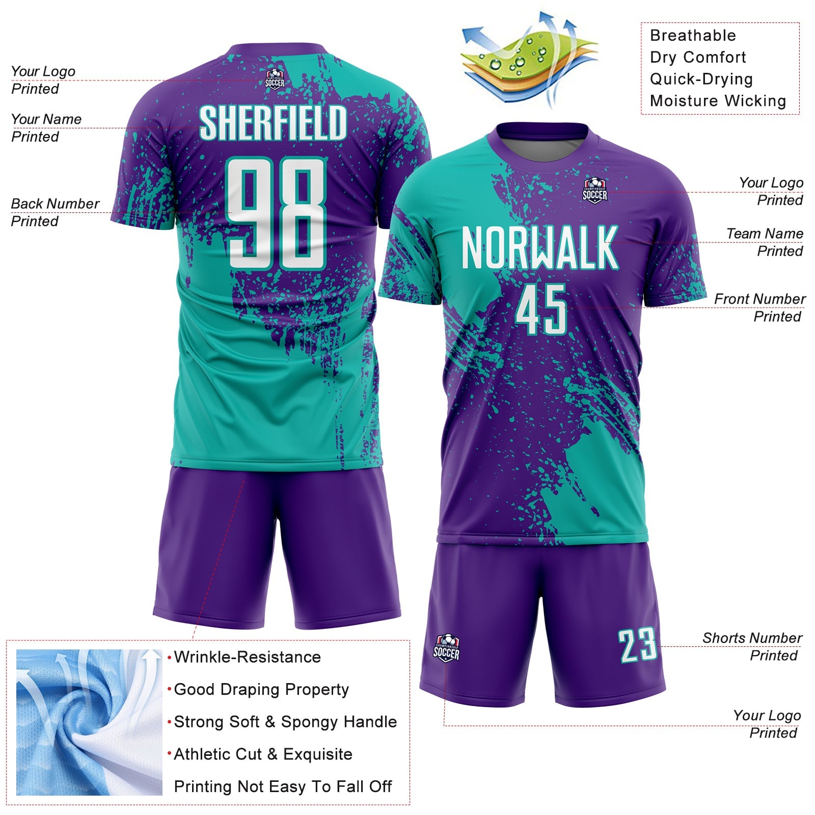 Custom Purple White-Aqua Abstract Brush Stroke Sports Sublimation Soccer Uniform Jersey view 4