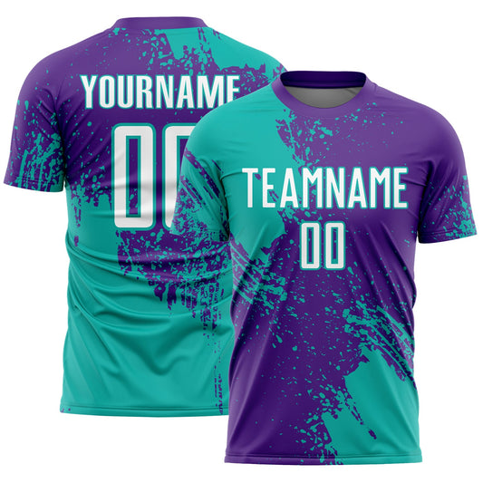 Custom Purple White-Aqua Abstract Brush Stroke Sports Sublimation Soccer Uniform Jersey - Main View