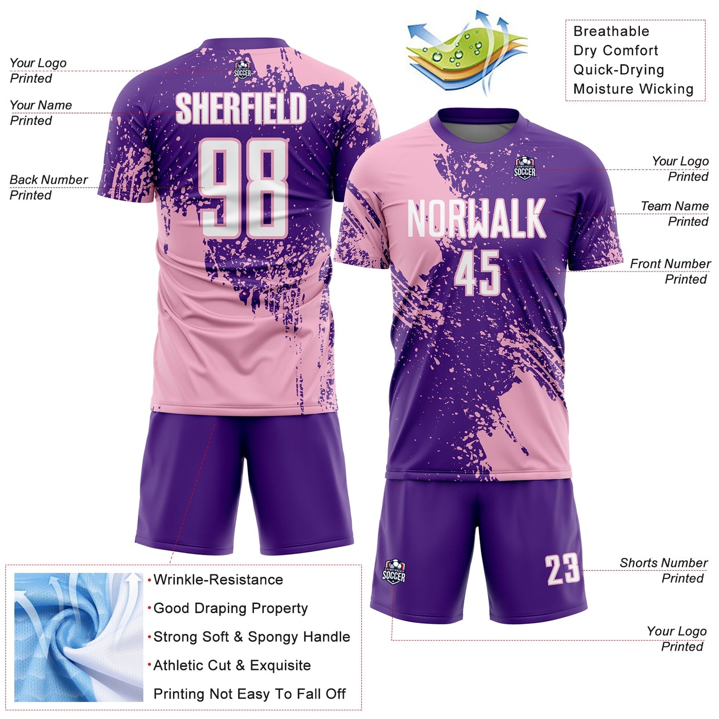 Custom Purple White-Light Pink Abstract Brush Stroke Sports Sublimation Soccer Uniform Jersey view 4