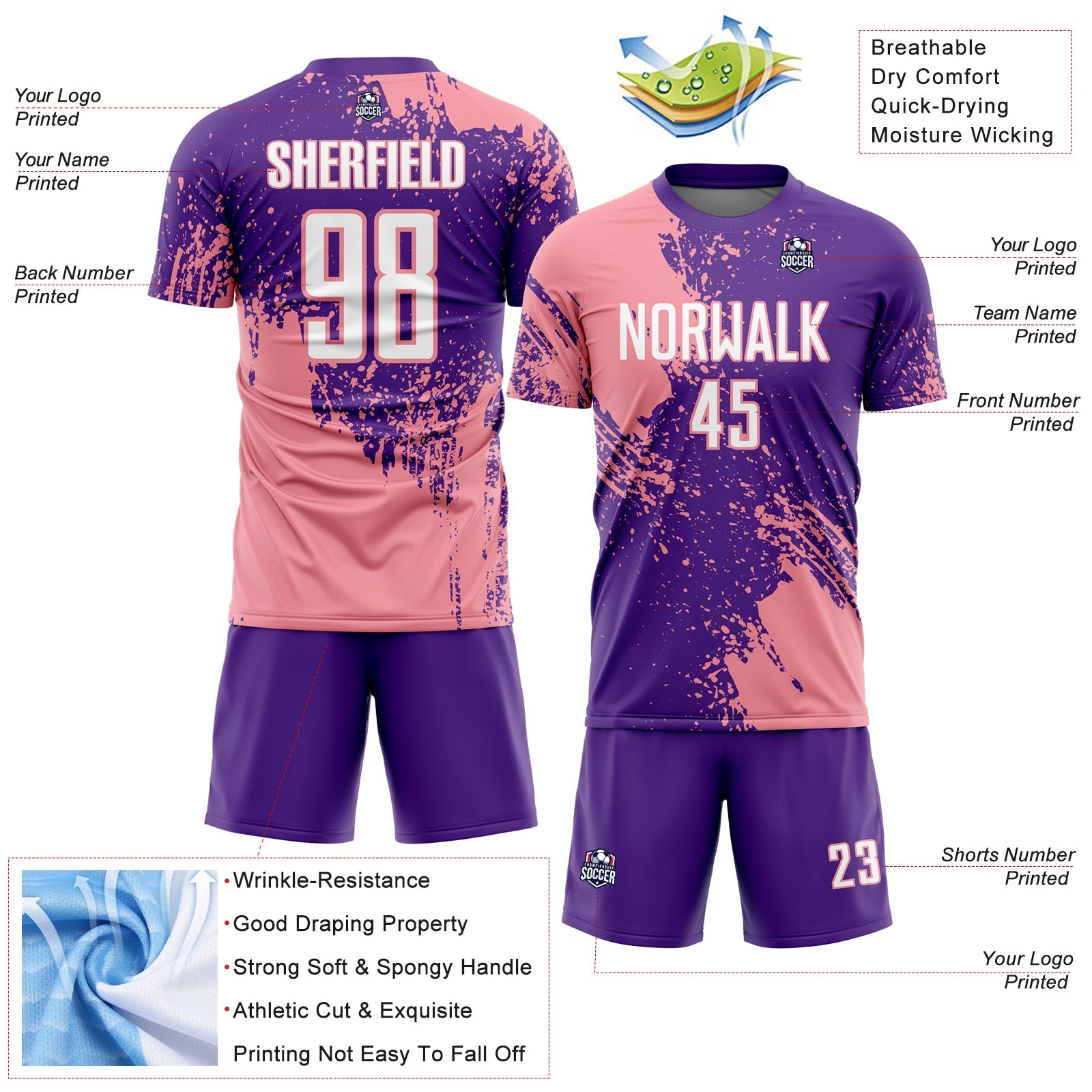 Custom Purple White-Medium Pink Abstract Brush Stroke Sports Sublimation Soccer Uniform Jersey view 4