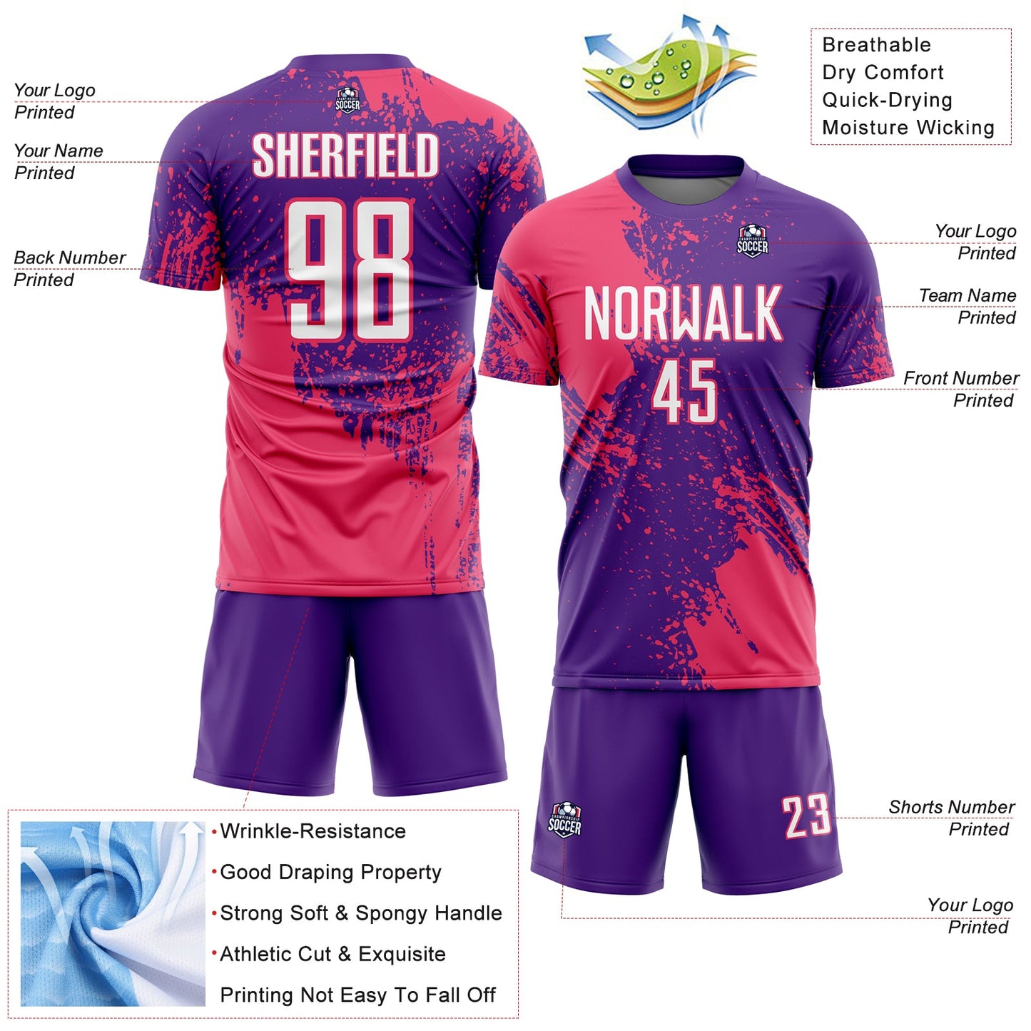 Custom Purple White-Neon Pink Abstract Brush Stroke Sports Sublimation Soccer Uniform Jersey view 4