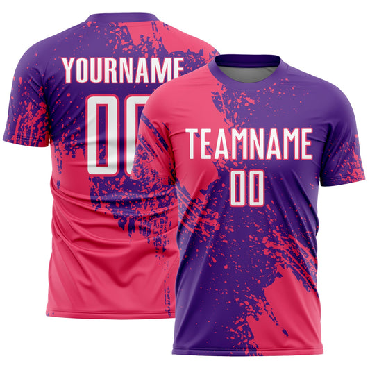 Custom Purple White-Neon Pink Abstract Brush Stroke Sports Sublimation Soccer Uniform Jersey - Main View