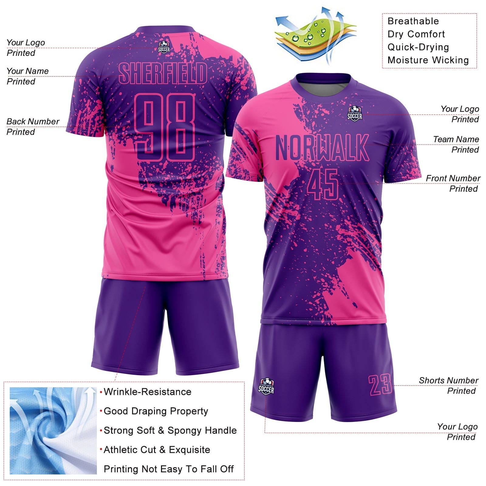 Custom Purple Pink Abstract Brush Stroke Sports Sublimation Soccer Uniform Jersey view 4