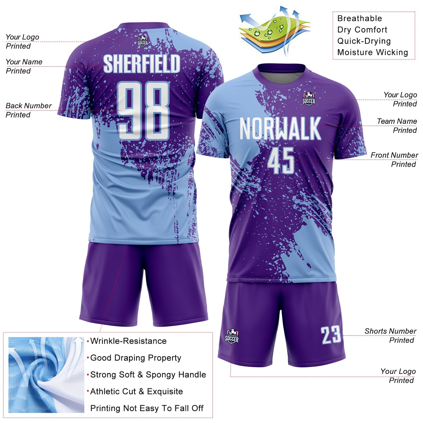 Custom Purple White-Light Blue Abstract Brush Stroke Sports Sublimation Soccer Uniform Jersey view 4